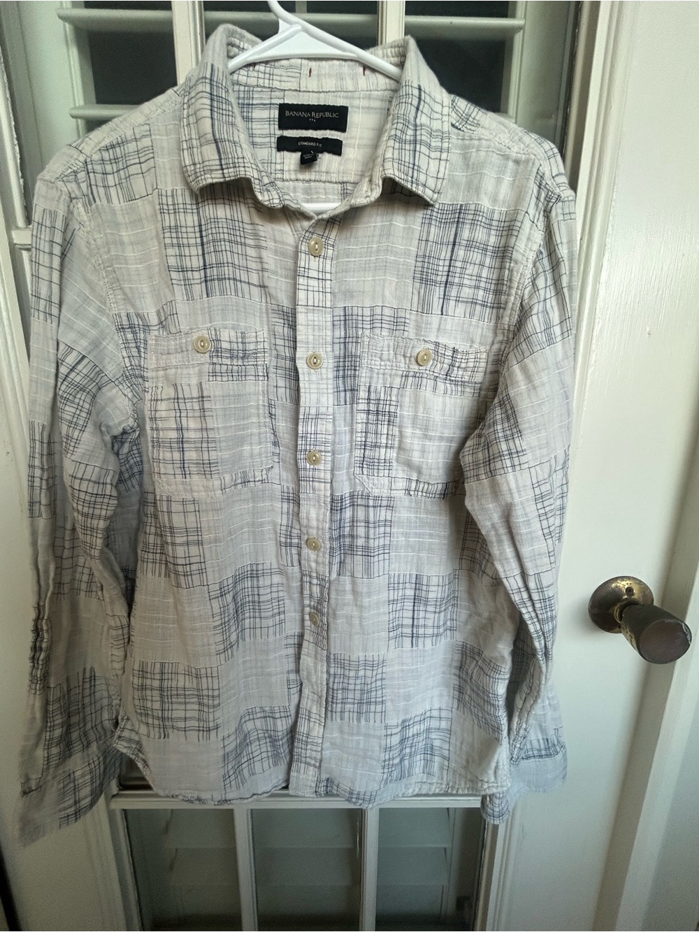 Banana Republic Men's Cream Button-Up Plaid Shirt with Navy Accents